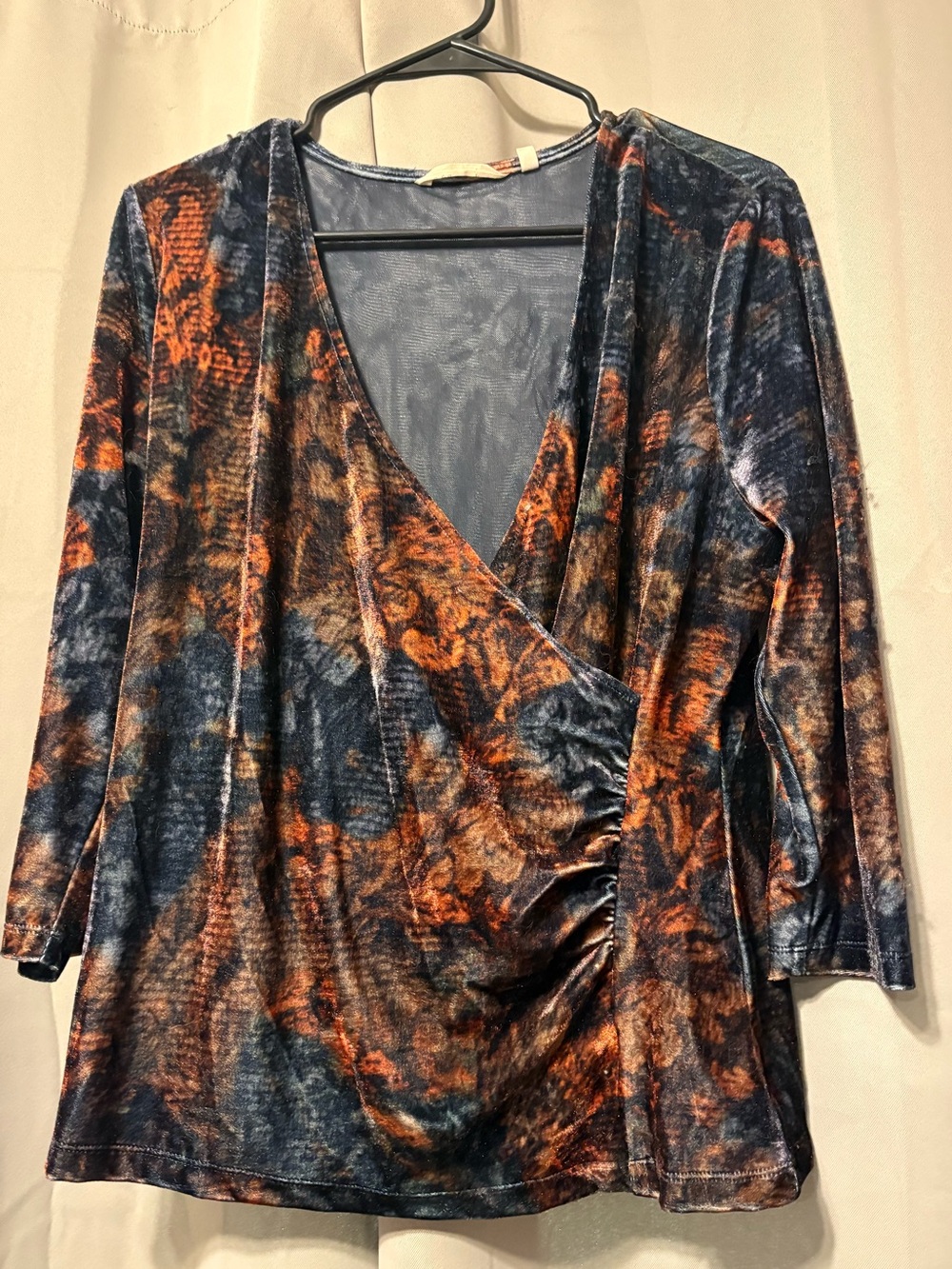 Soft Surroundings Navy and Rust Wrap-Style Velvet Top